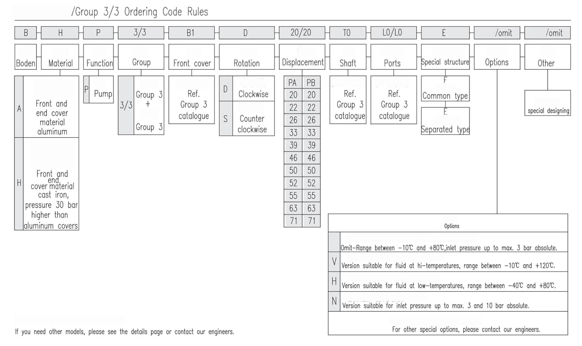 3/3 Tandem Gear Pump Ordering Code Rules