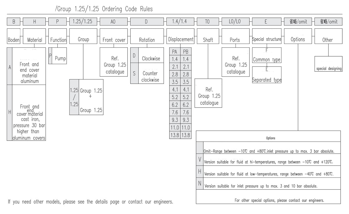 1.25/1.25 Tandem Gear Pump Ordering Code Rules