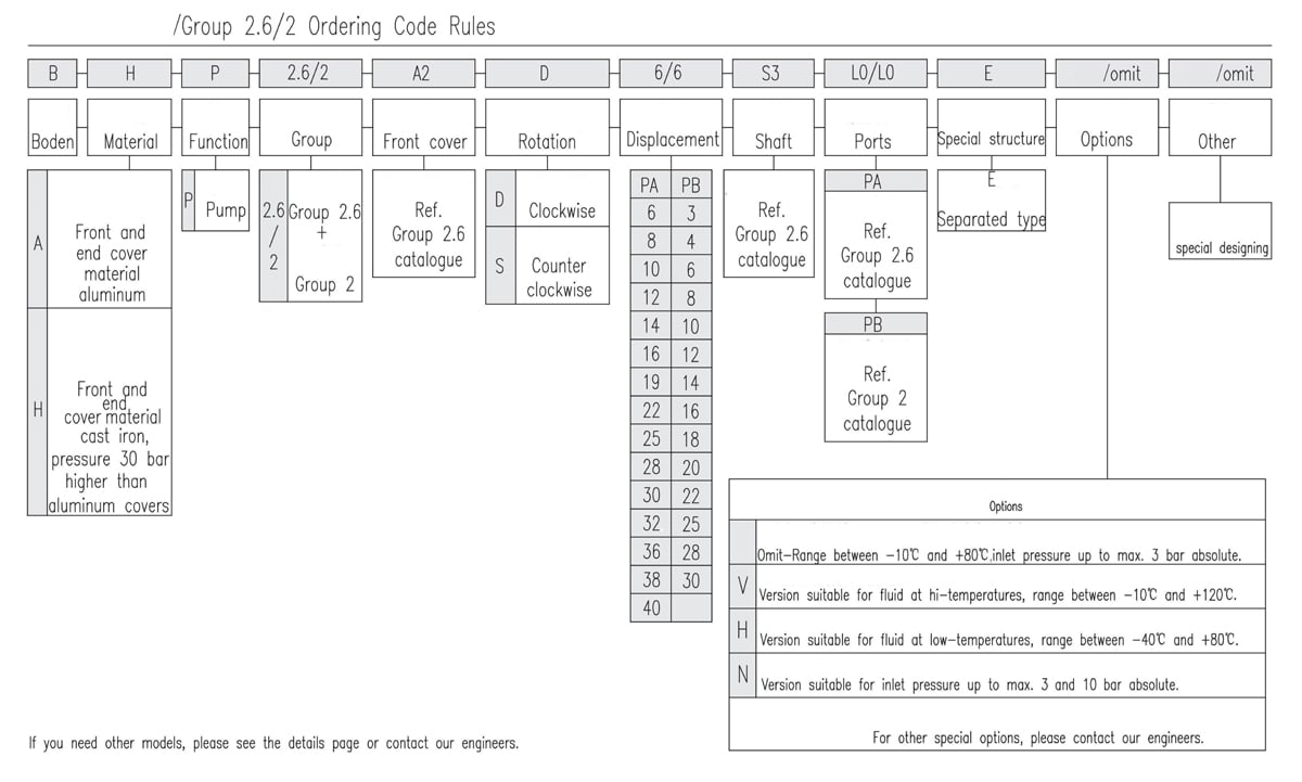 2.6/2 Tandem Gear Pump Ordering Code Rules