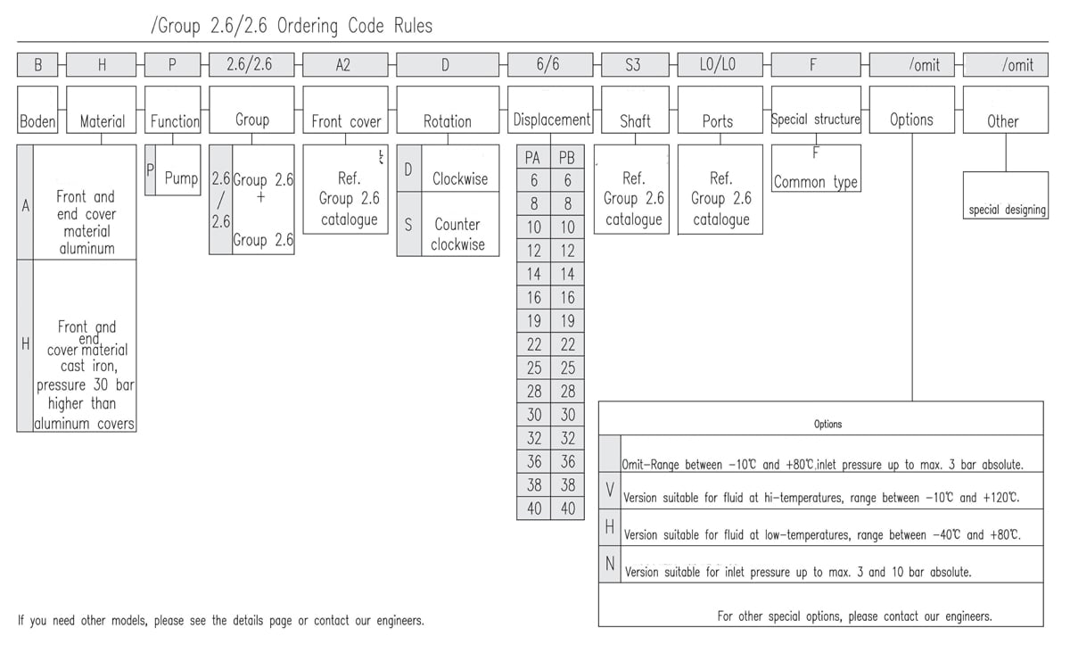 2.6/2.6 Tandem Gear Pump Ordering Code Rules