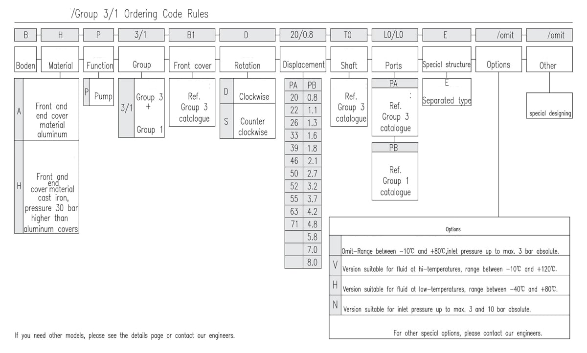 3/1 Tandem Gear Pump Ordering Code Rules